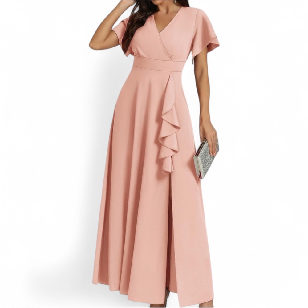 Blush Pink Ruffle Sleeve Maxi Dress Formal M NWT - Picture 3 of 13